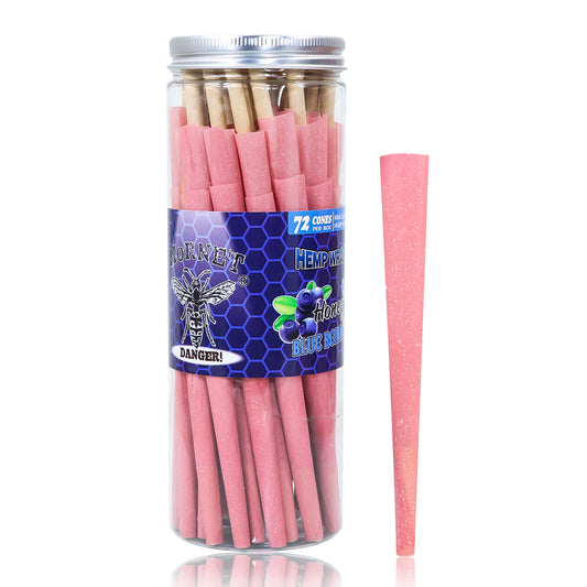 HORNET Blueberry Flavored Pink Pre Rolled Cones, King Size Pre Rolled Rolling Paper with tips, Slow Burning Rolling Cones & load, 72 PCS / Jar