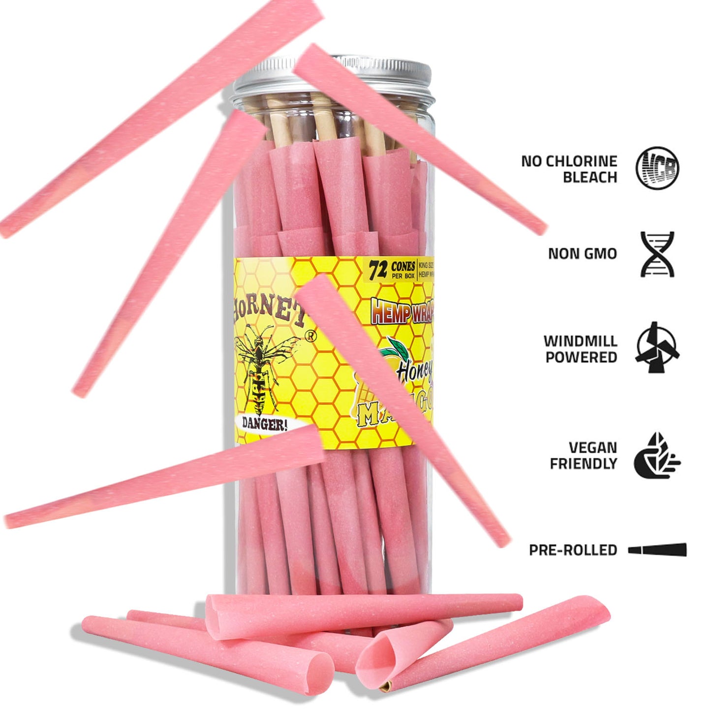 HORNET MANGO Flavored Pink Pre Rolled Cones, King Size Pre Rolled Rolling Paper with tips, Slow Burning Rolling Cones & load, 72 PCS / Jar