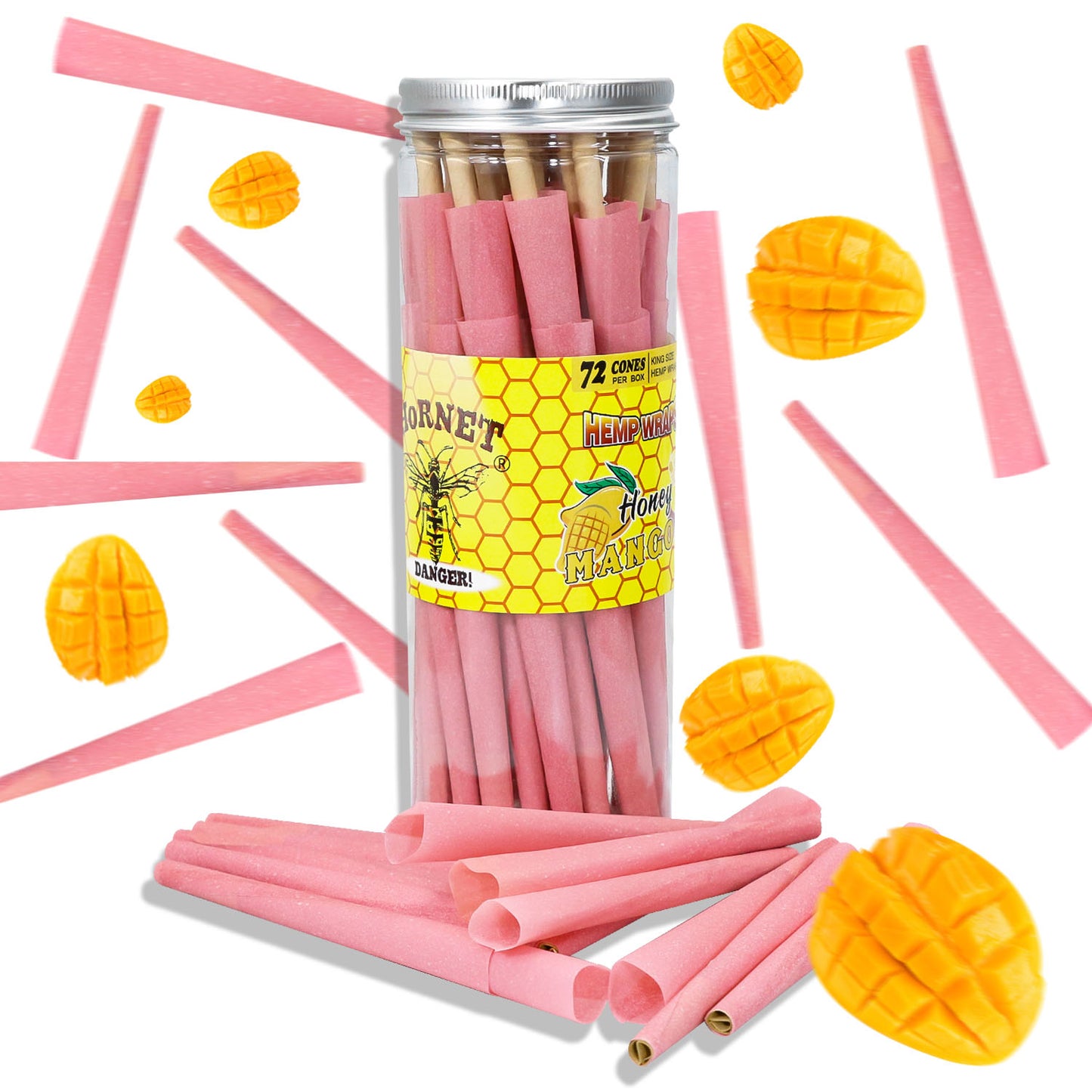 HORNET MANGO Flavored Pink Pre Rolled Cones, King Size Pre Rolled Rolling Paper with tips, Slow Burning Rolling Cones & load, 72 PCS / Jar