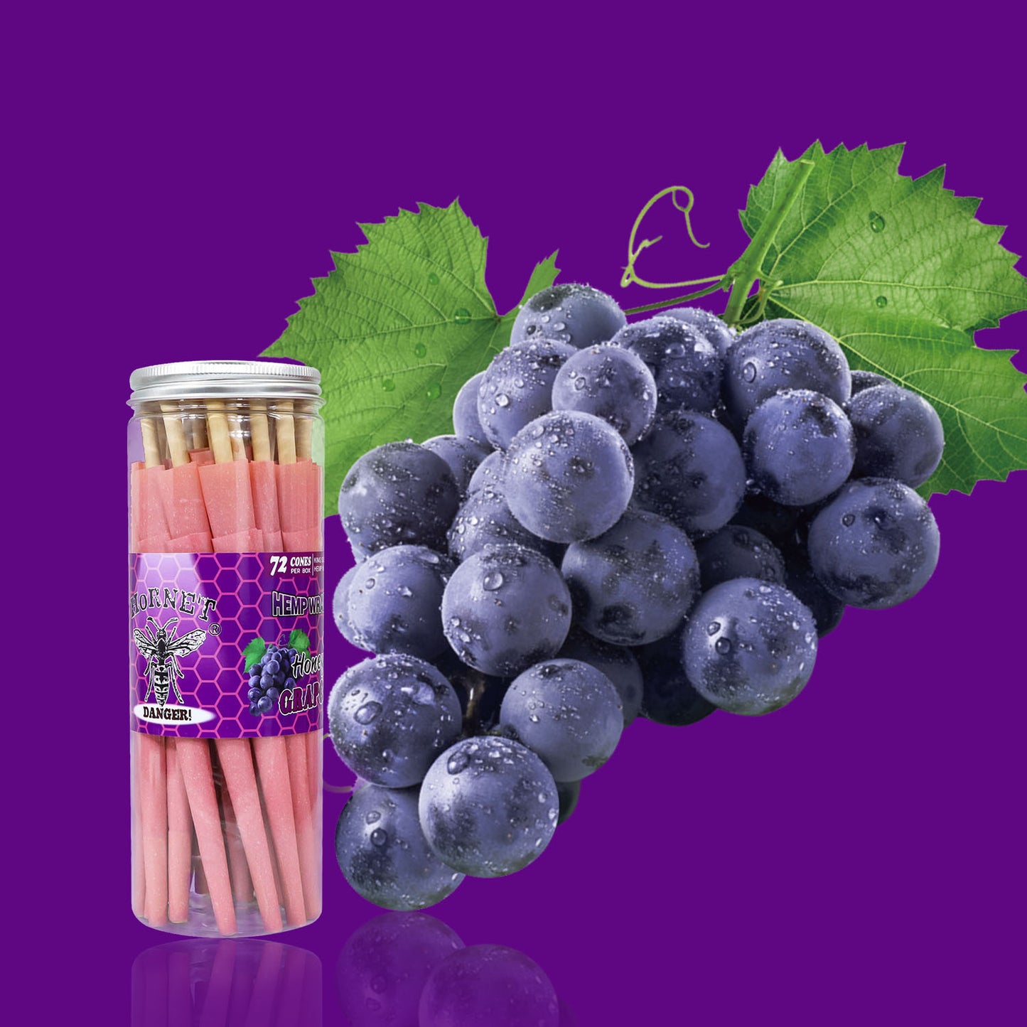 HORNET GRAPE Flavored Pink Pre Rolled Cones, King Size Pre Rolled Rolling Paper with tips, Slow Burning Rolling Cones & load, 72 PCS / Jar