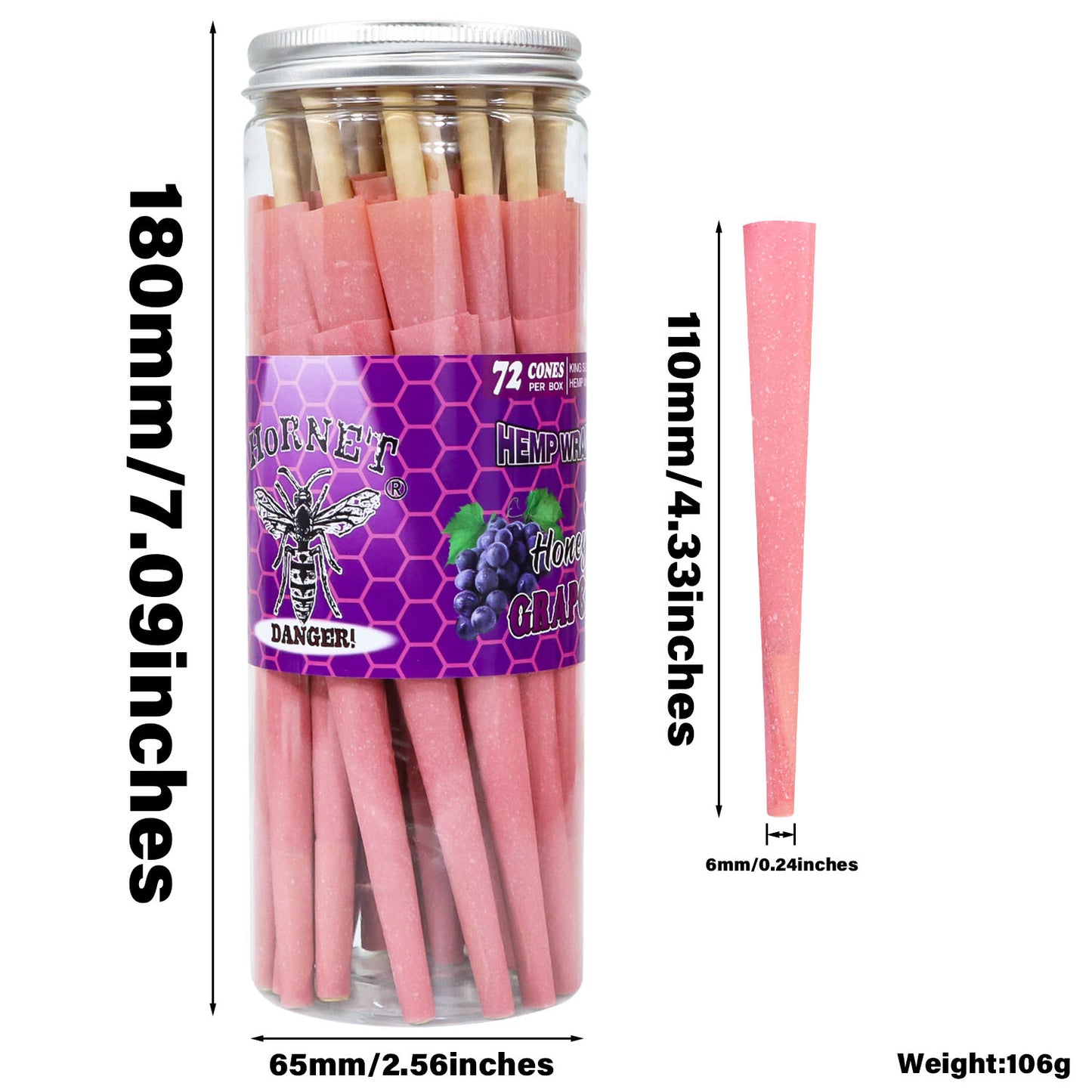 HORNET GRAPE Flavored Pink Pre Rolled Cones, King Size Pre Rolled Rolling Paper with tips, Slow Burning Rolling Cones & load, 72 PCS / Jar