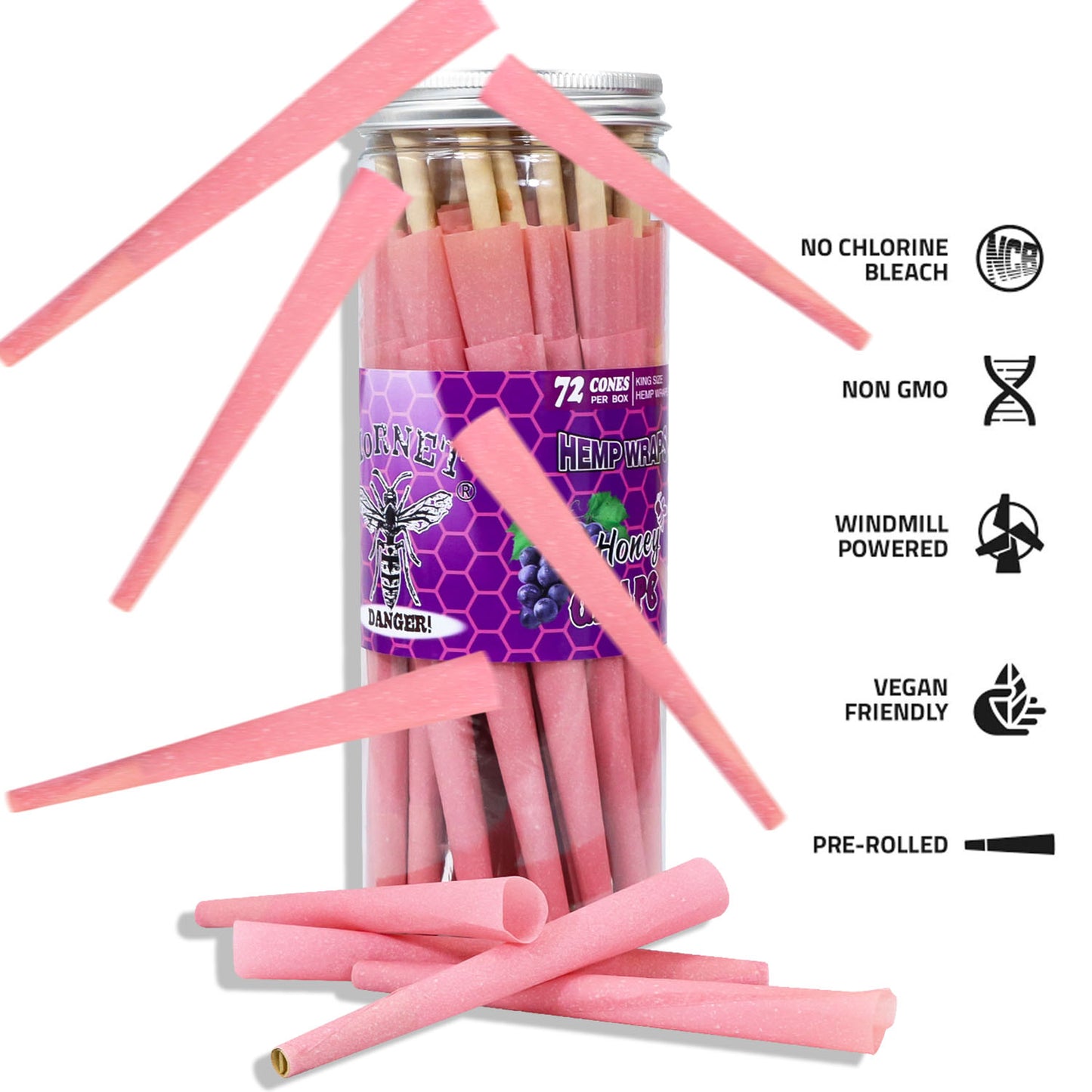 HORNET GRAPE Flavored Pink Pre Rolled Cones, King Size Pre Rolled Rolling Paper with tips, Slow Burning Rolling Cones & load, 72 PCS / Jar
