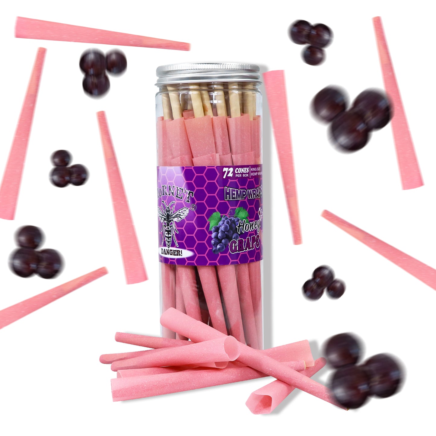 HORNET GRAPE Flavored Pink Pre Rolled Cones, King Size Pre Rolled Rolling Paper with tips, Slow Burning Rolling Cones & load, 72 PCS / Jar