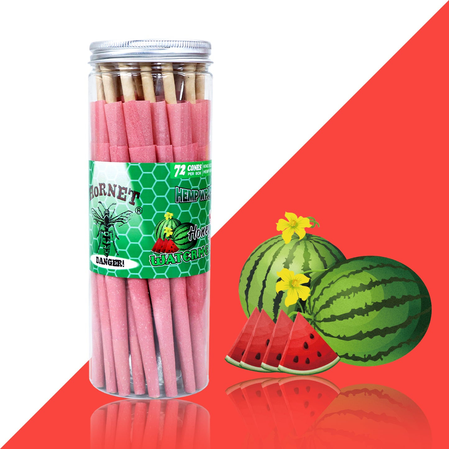 HORNET Watermelon Flavored Pink Pre Rolled Cones, King Size Pre Rolled Rolling Paper with tips, Slow Burning Rolling Cones & load, 72 PCS / Jar
