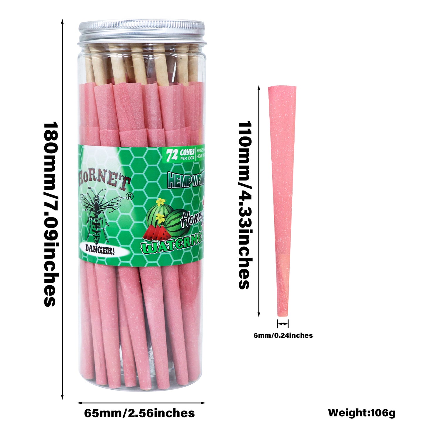 HORNET Watermelon Flavored Pink Pre Rolled Cones, King Size Pre Rolled Rolling Paper with tips, Slow Burning Rolling Cones & load, 72 PCS / Jar
