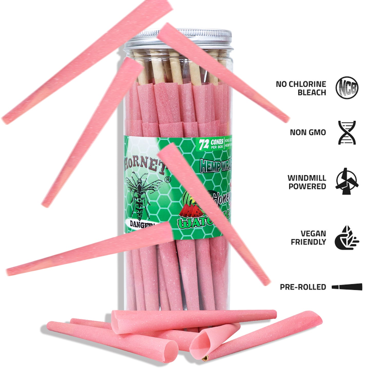 HORNET Watermelon Flavored Pink Pre Rolled Cones, King Size Pre Rolled Rolling Paper with tips, Slow Burning Rolling Cones & load, 72 PCS / Jar