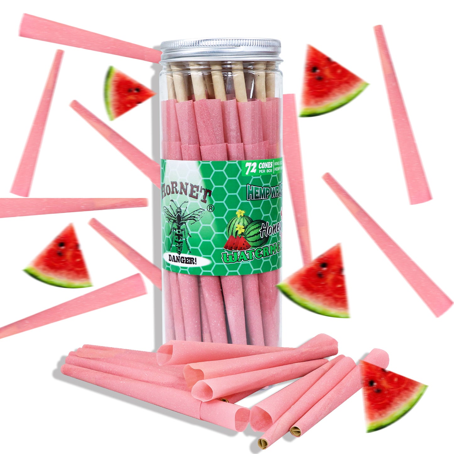 HORNET Watermelon Flavored Pink Pre Rolled Cones, King Size Pre Rolled Rolling Paper with tips, Slow Burning Rolling Cones & load, 72 PCS / Jar
