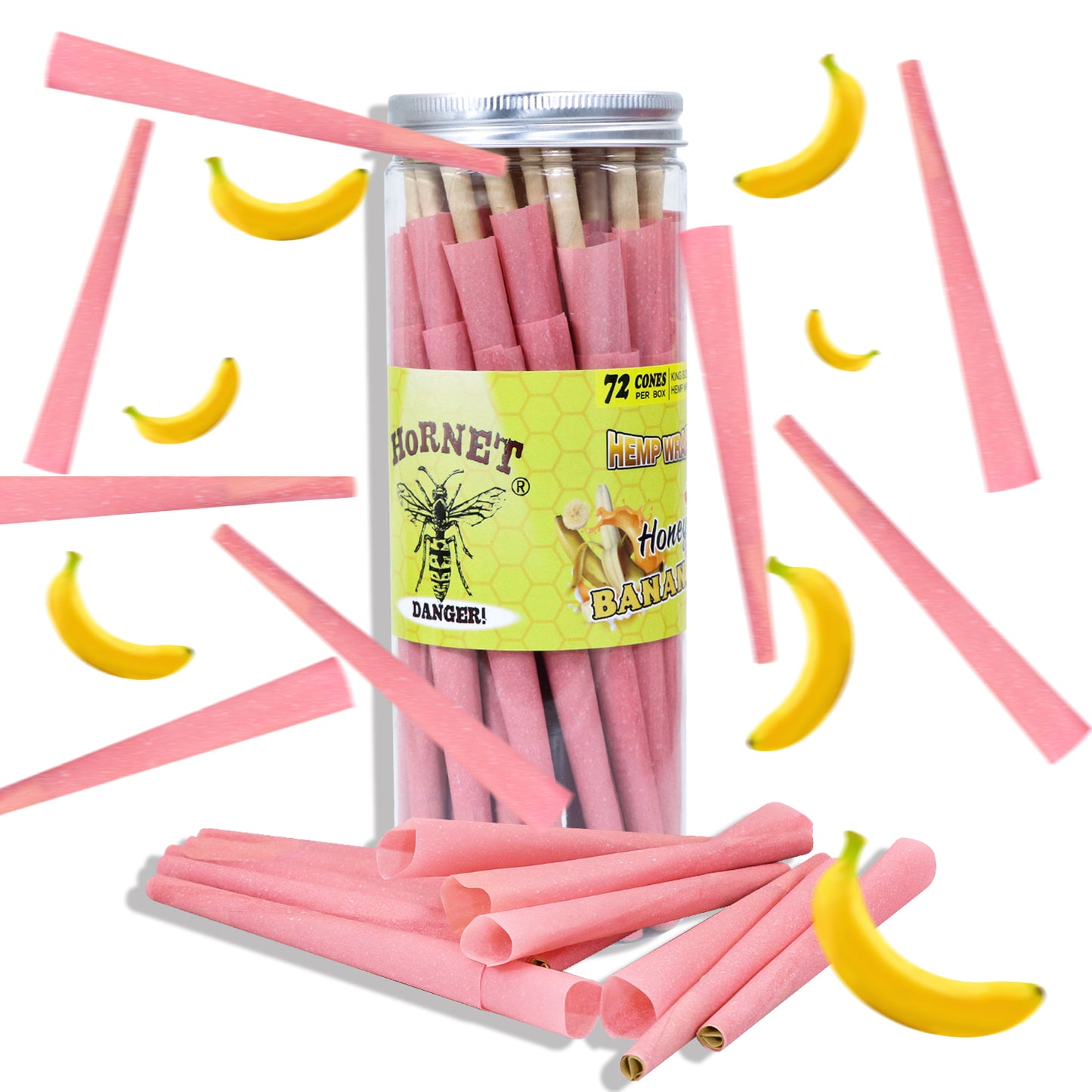 HORNET Banana Flavored Pink Pre Rolled Cones, King Size Pre Rolled Rolling Paper with tips, Slow Burning Rolling Cones & load, 72 PCS / Jar