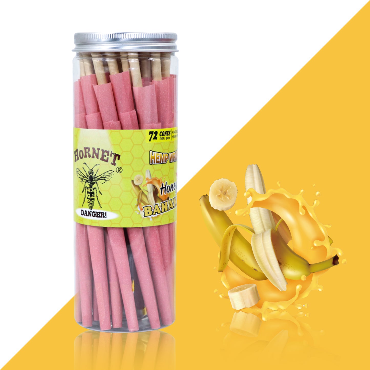 HORNET Banana Flavored Pink Pre Rolled Cones, King Size Pre Rolled Rolling Paper with tips, Slow Burning Rolling Cones & load, 72 PCS / Jar
