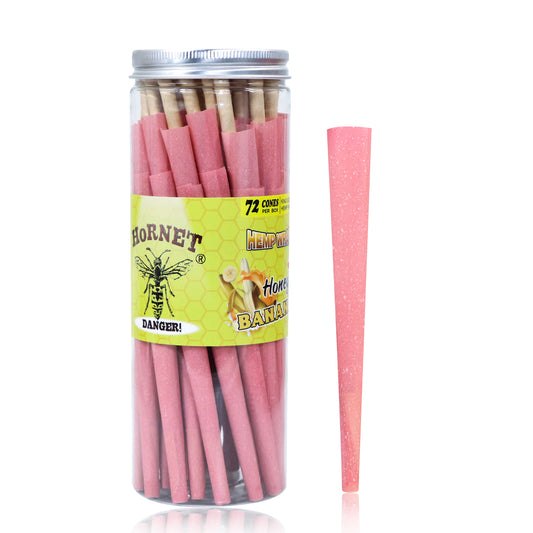 HORNET Banana Flavored Pink Pre Rolled Cones, King Size Pre Rolled Rolling Paper with tips, Slow Burning Rolling Cones & load, 72 PCS / Jar