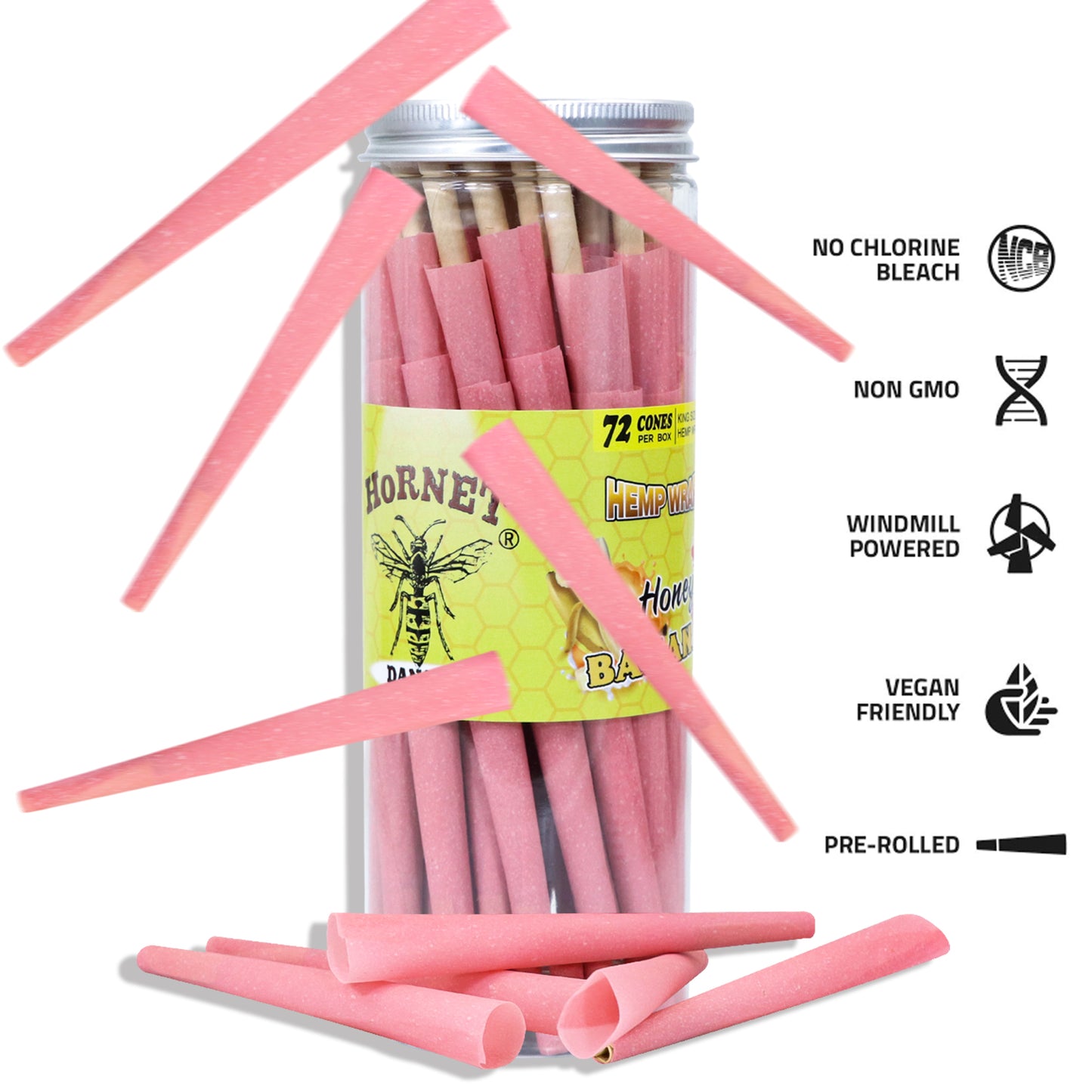 HORNET Banana Flavored Pink Pre Rolled Cones, King Size Pre Rolled Rolling Paper with tips, Slow Burning Rolling Cones & load, 72 PCS / Jar