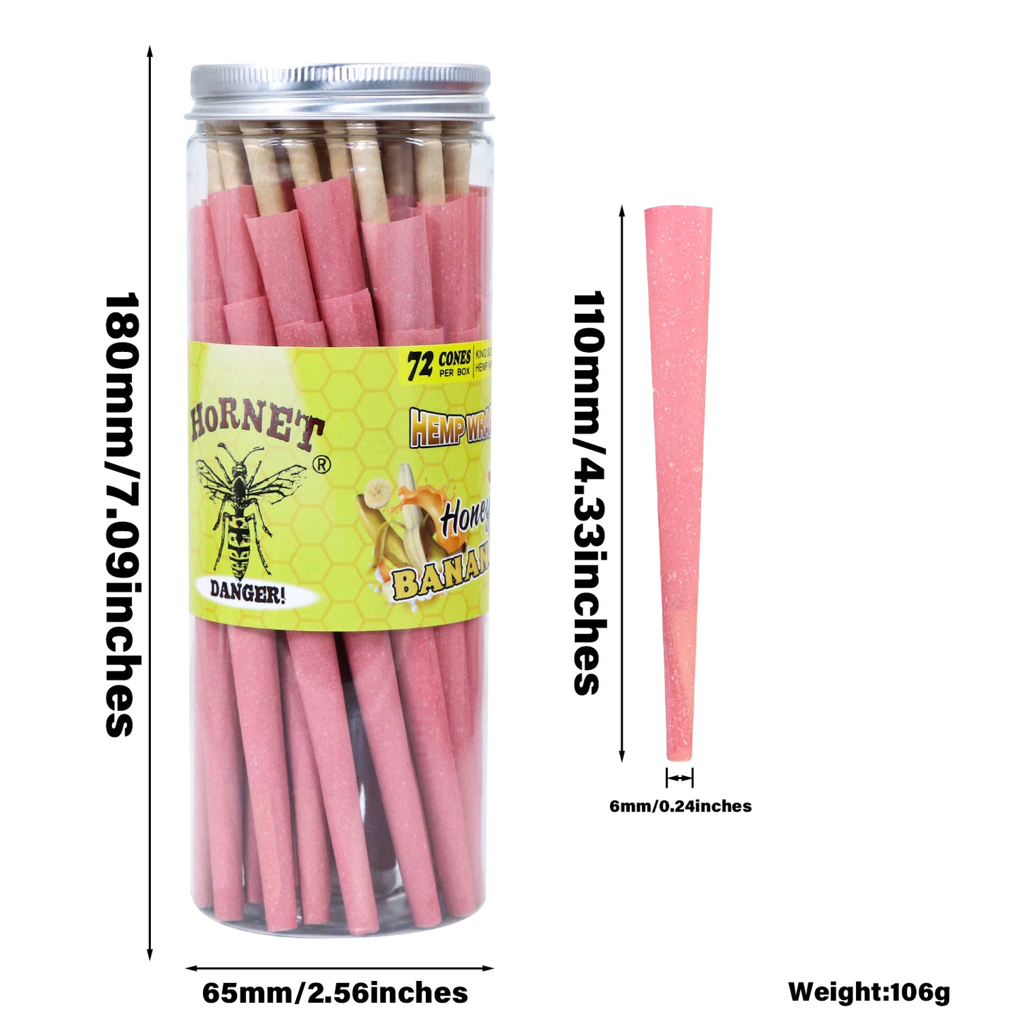 HORNET Banana Flavored Pink Pre Rolled Cones, King Size Pre Rolled Rolling Paper with tips, Slow Burning Rolling Cones & load, 72 PCS / Jar