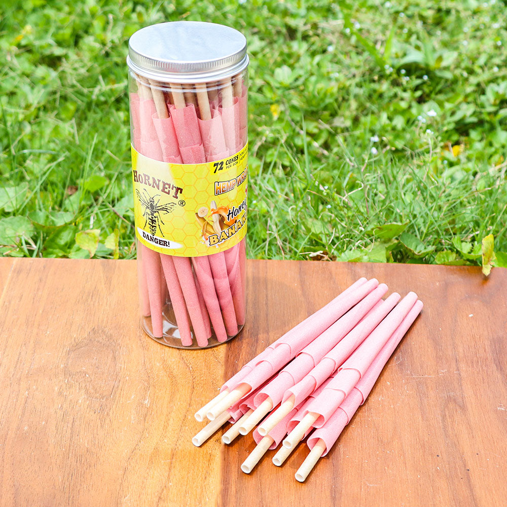 HORNET Banana Flavored Pink Pre Rolled Cones, King Size Pre Rolled Rolling Paper with tips, Slow Burning Rolling Cones & load, 72 PCS / Jar