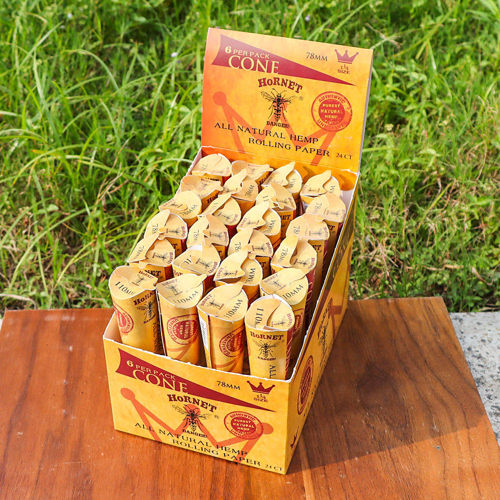 HORNET 1 1/4 Size Pre Rolled Cones, Natural Rolling Cones, Slow Burning Pre Rolled Rolling Paper, 6 PCS / Pack 24 Packs / Box