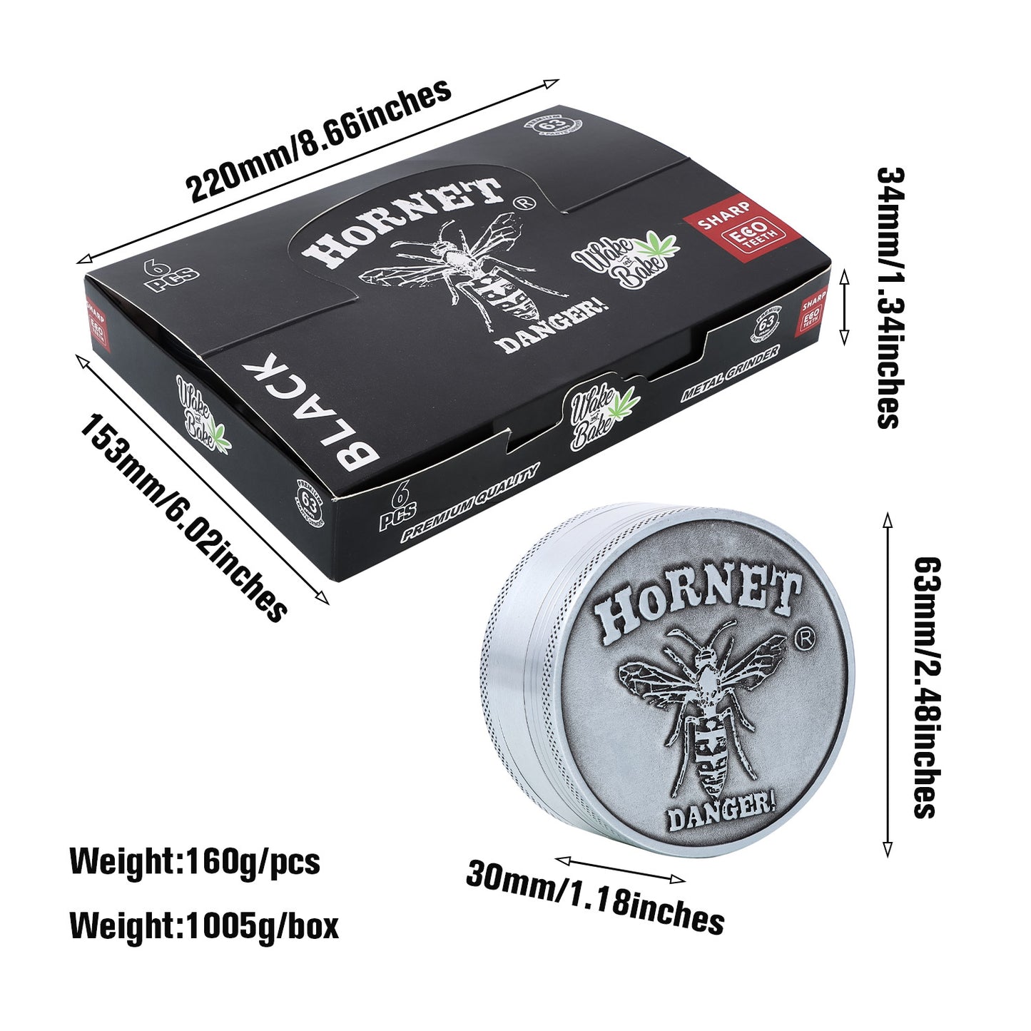 HORNET Zinc Alloy Herb Grinder, 3 Lay Ø 63 Smoker Grinder, Portable & Easy Clean Metal Herbal Grinder, 6 PCS / Box