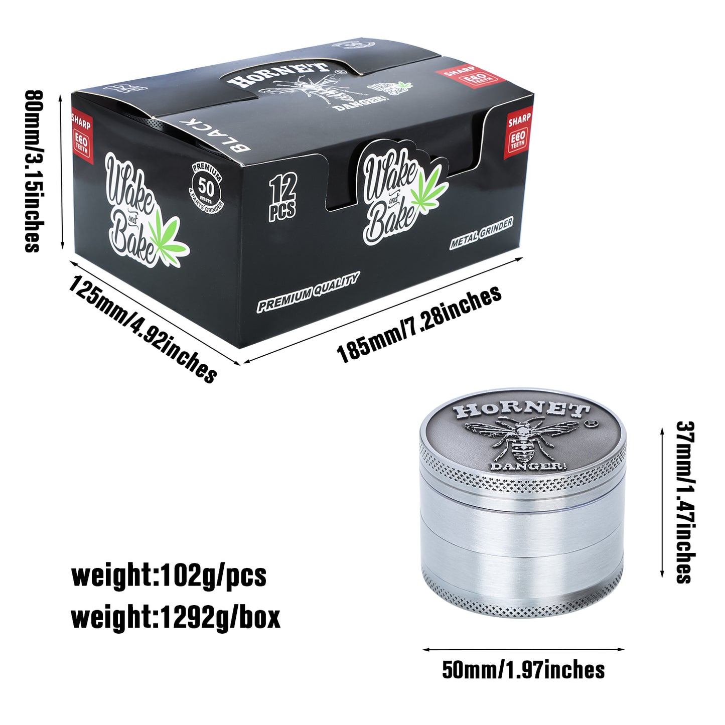 HORNET Zinc Alloy Herb Grinder, 4 Lay Ø 50 Smoker Grinder, Portable & Easy Clean Metal Herbal Grinder, 6 PCS / Box