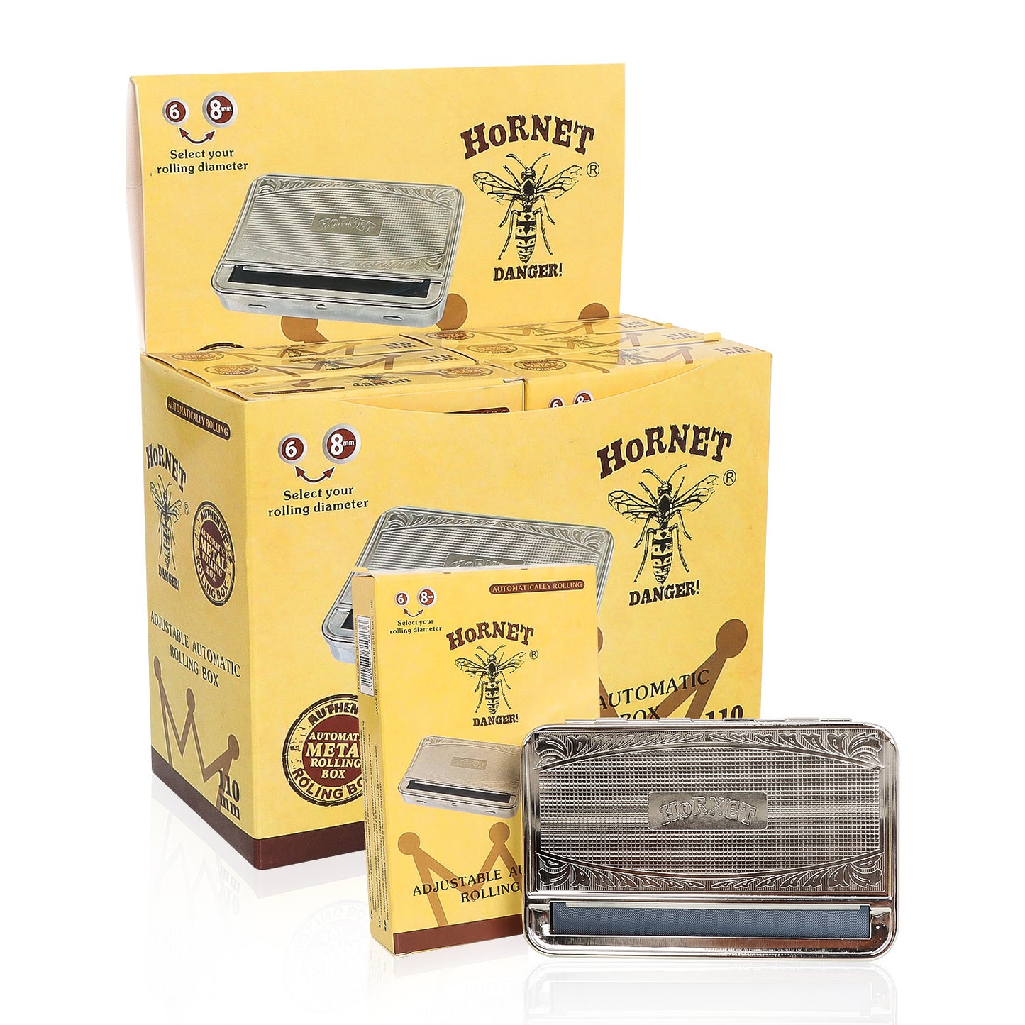 HORNET King Size Tinplate Rolling Machine Case, Silver Cigarette Rolling Machine Box with Large Stash Case, 6PCS / Box
