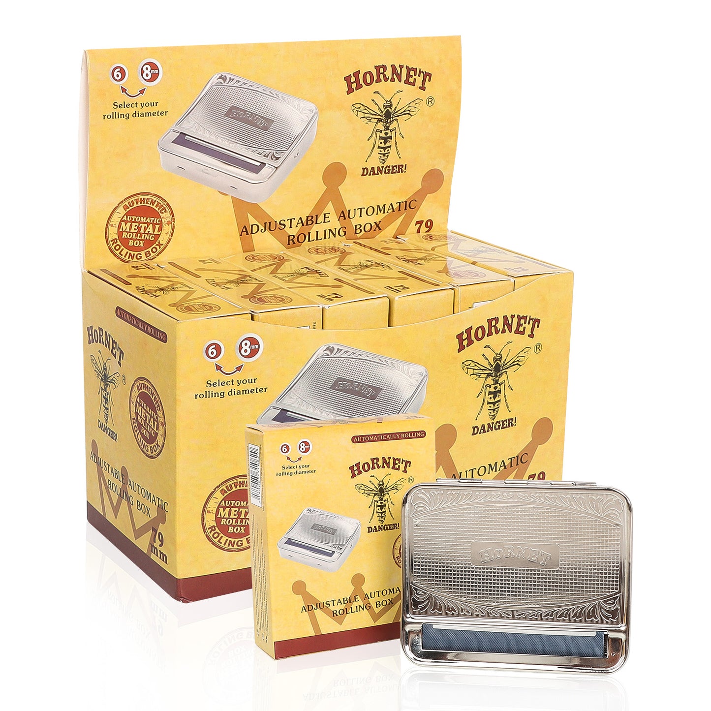 HORNET 79 mm Size Tinplate Rolling Machine Case, Silver Cigarette Rolling Machine Box with Large Stash Case, 6PCS / Box