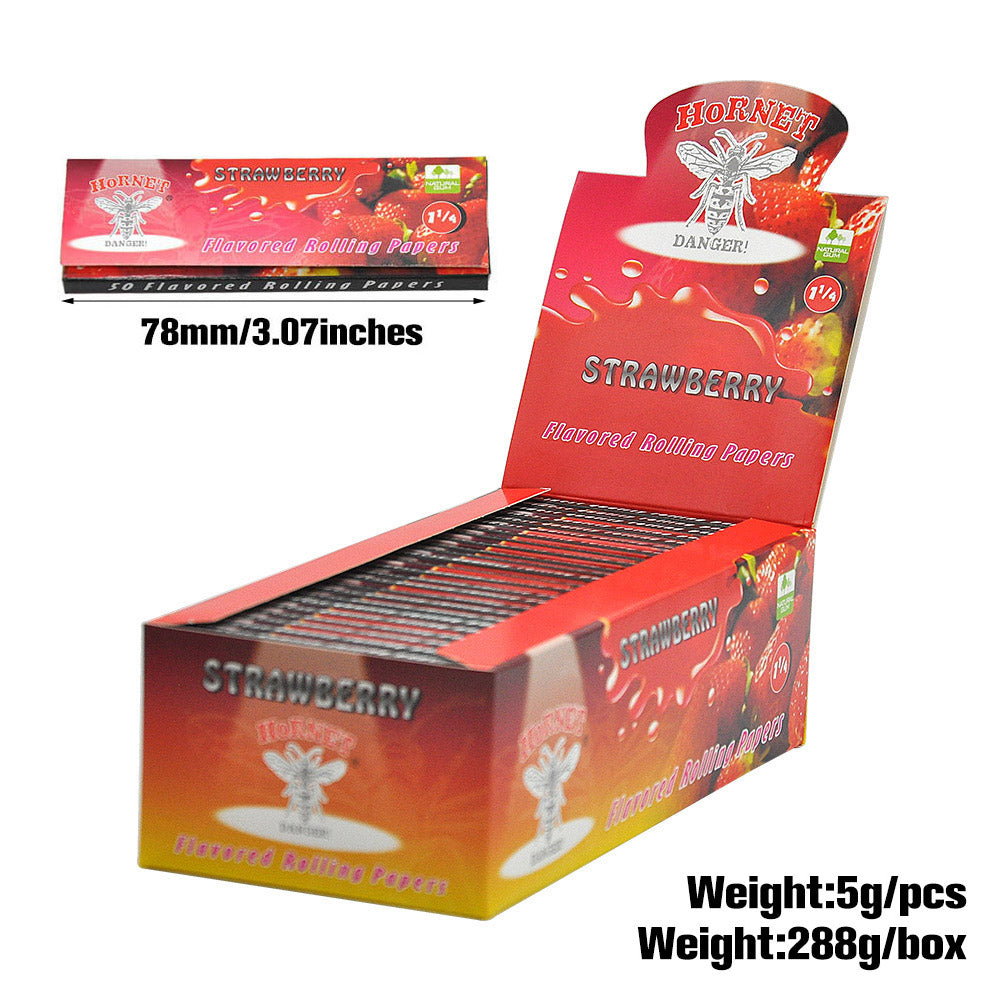Hornet 1 1/4 Size Strawberry Flavors Rolling Papers, Slow Burning Rolling Paper, Natural Rolling Paper, 50 Piece / Pack 50 Pack / Box