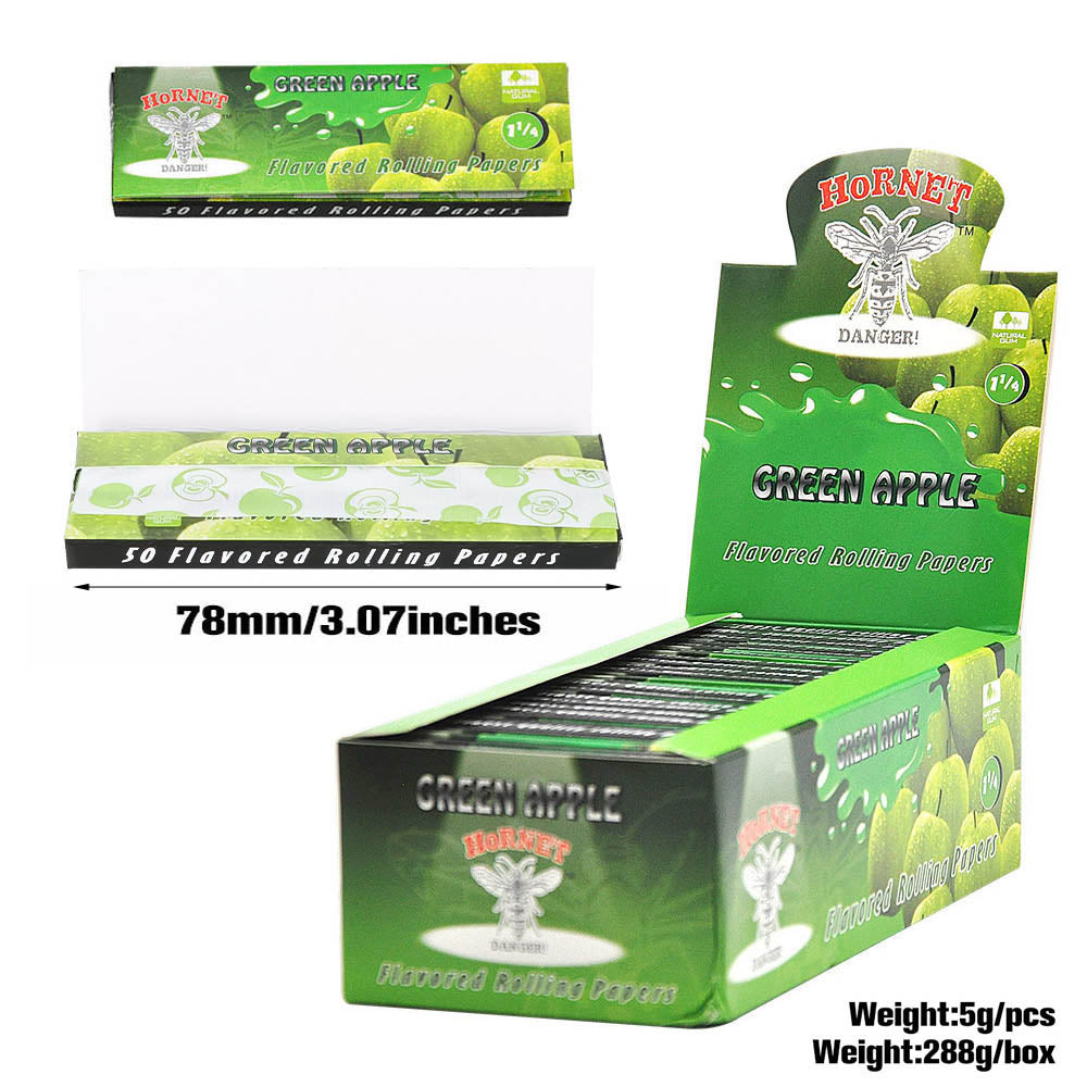 Hornet 1 1/4 size Green Apple Flavors Rolling Papers, Slow Burning Rolling Paper, Natural Rolling Paper, 50 Piece / Pack 50 Pack / Box