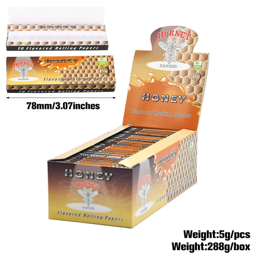 Hornet 1 1/4 Size Honey Flavors Rolling Papers, Slow Burning Rolling Paper, Natural Rolling Paper, 50 Piece / Pack 50 Pack / Box