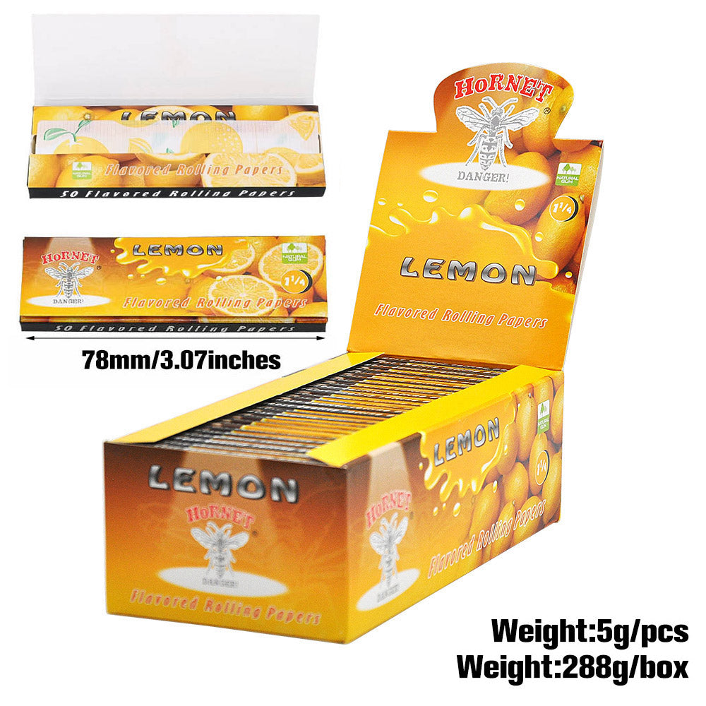 HORNET 1 1/4 Lemon Flavors Rolling Papers, Slow Burning Rolling Paper, Natural Rolling Paper, 50 Piece / Pack 50 Pack / Box