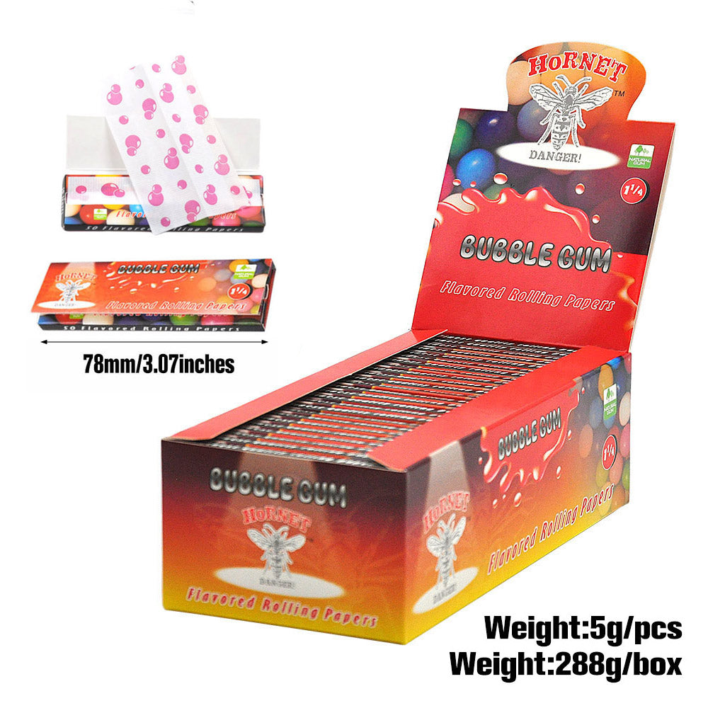 Hornet 1 1/4 Size Bubble Gum Flavors Rolling Papers, Slow Burning Rolling Paper, Natural Rolling Paper, 50 Piece / Pack 50 Pack / Box