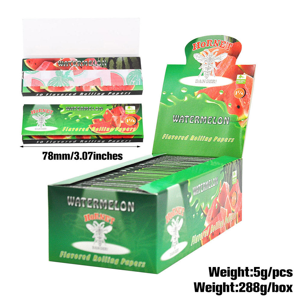 Hornet 1 1/4 Size Watermelon Flavors Rolling Papers, Slow Burning Rolling Paper, Natural Rolling Paper, 50 Piece / Pack 50 Pack / Box