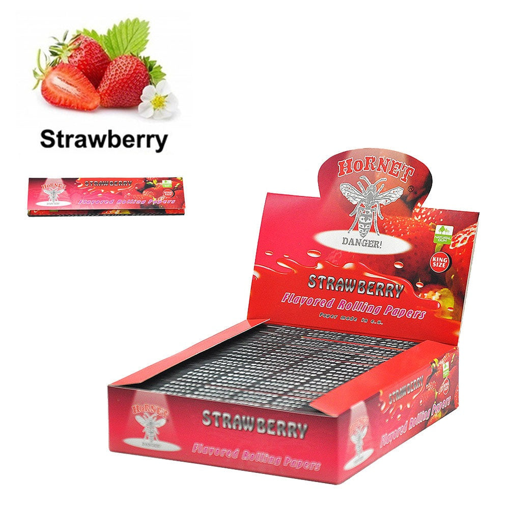 HORNET King Size Strawberry Flavors Rolling Papers, Slim Natural Organic Rolling Paper, 32 Pieces / Pack 25 Packs / Box